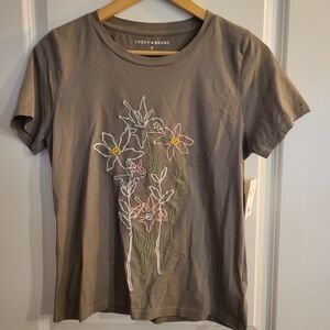 Lucky Brand Taupe Short-Sleeve Tee with Pastel Floral Embroidery